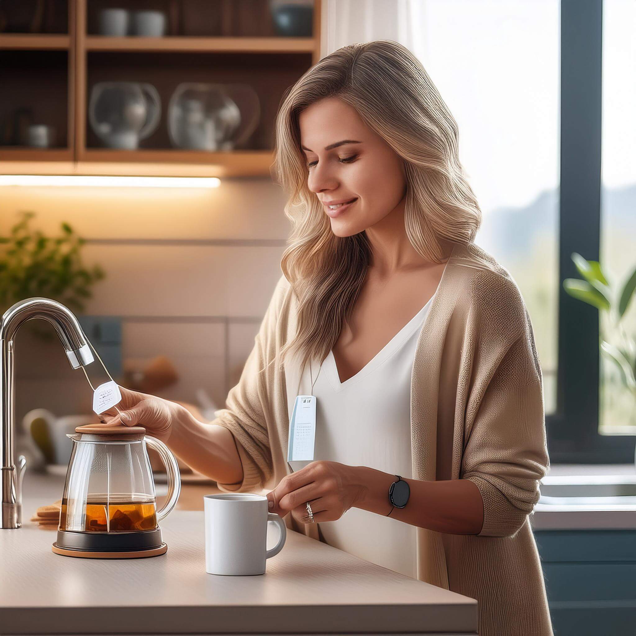 Firefly women making tea with a tea bag in a modern kitchen