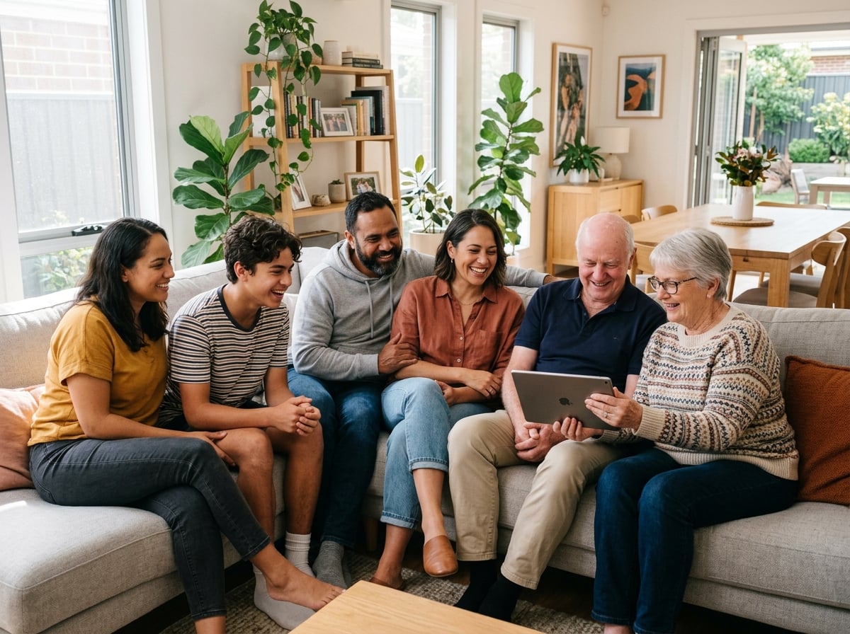 Multigenerational family engaging with assistive technology at home