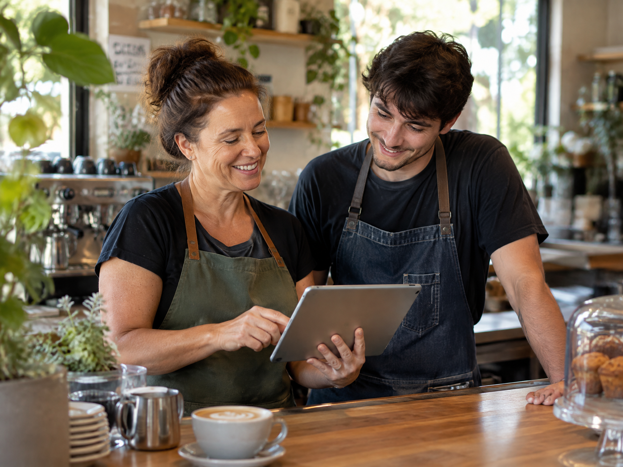 A small business owner and colleague using an AI assistant on a tablet